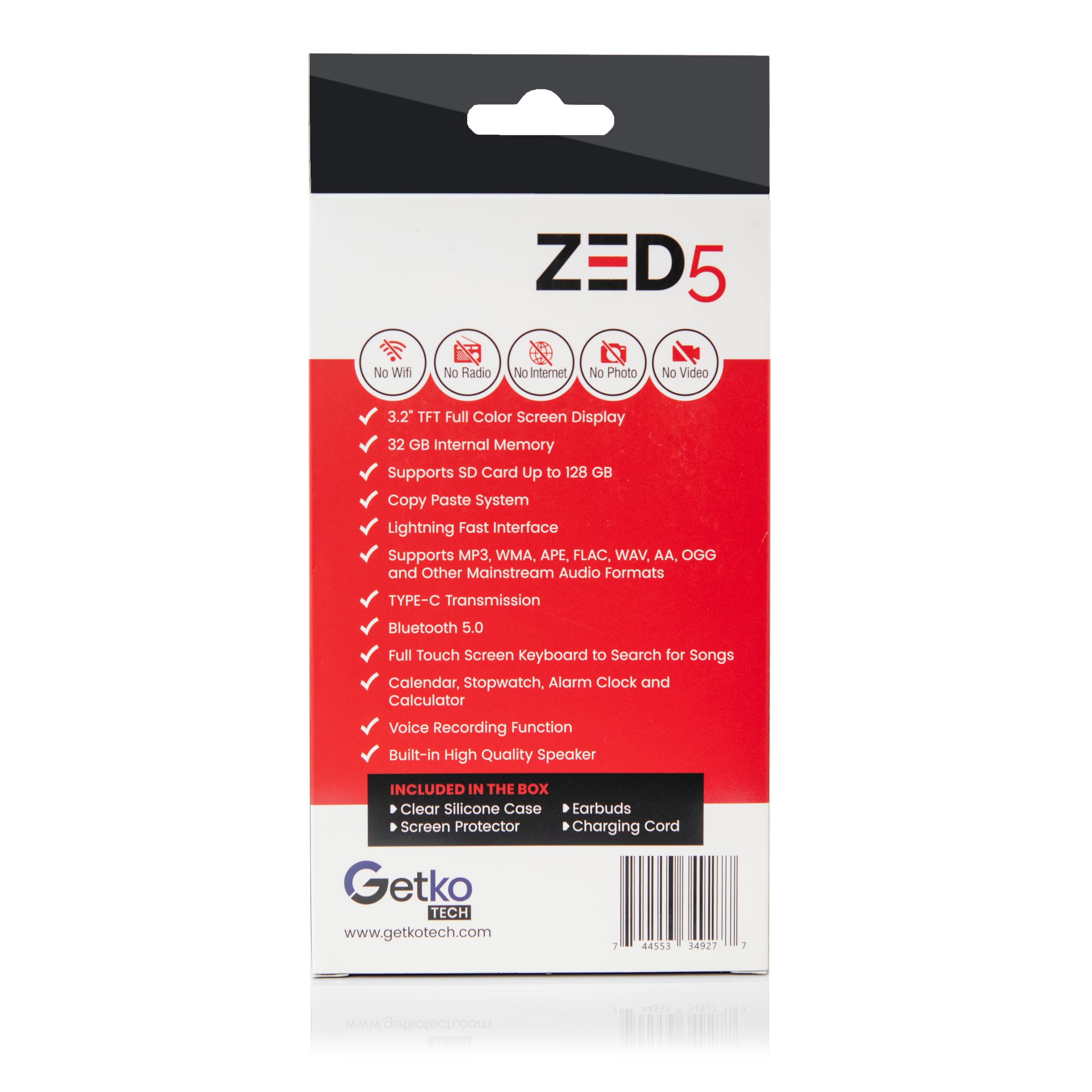 Getko Tech ZED5 32 GB Touch Screen Kosher MP3 Player - TAG